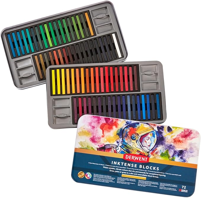 Derwent Inktense Blocks 72 Tin, Set of 72, 8mm Block, Soft Texture, Watersoluble, Ideal for Watercolor, Drawing, Coloring, Crafts and Painting on Paper and Fabric, Professional Quality (2301980)