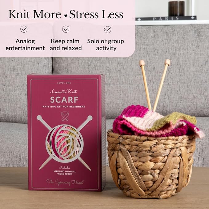 The Spinning Hand Knitting Kit for Beginners Adults – Learn to Knit Scarf Kit with Yarn, Needles & Step-by-Step Video Tutorials – Complete Starter Set (Dragonfruit)