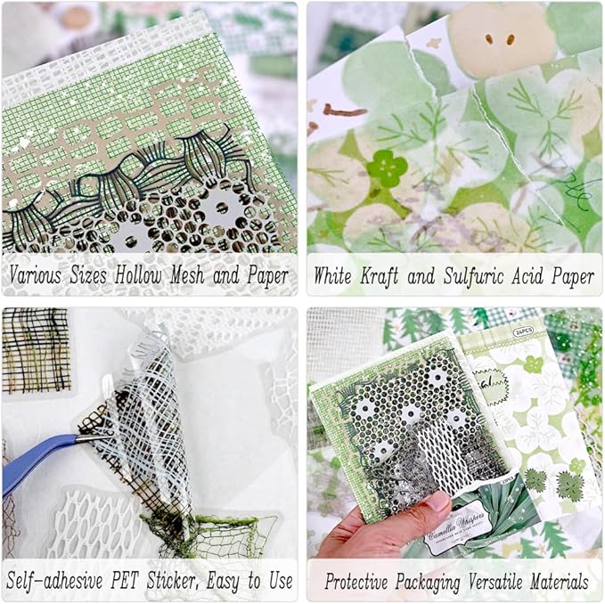 Diuhofart Scrapbook Textured Papers for Crafts, Green Theme Hollow Mesh Craft Paper Sticker, 47Pcs Collage Materials for Junk Journaling Supplies Scrapbooking