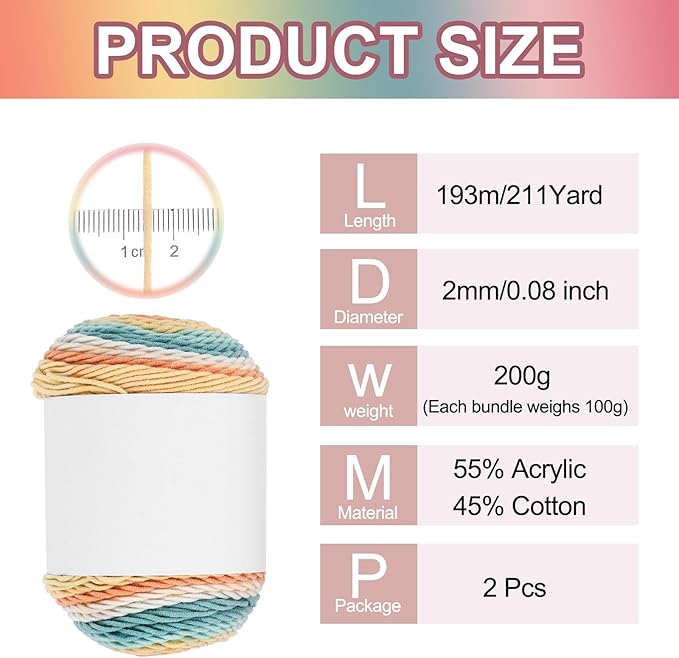 MECCANIXITY Cotton Acrylic Yarn for Crocheting, 422 Yard 5 Ply Soft Gradient Yarn Acrylic 45% Cotton 55% Used for DIY Knitting Blankets Scarves(2 Packx100g,Orange,Green,Yellow,Beige)