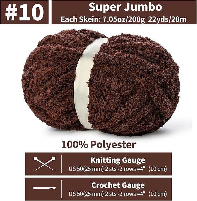 10 Pack Jumbo Chenille Yarn for Crocheting, #10 Super Bulky Baby Soft Yarn for Hand Knitting, 220 yds /70.5 oz Fluffy Chunky Knit Throw Blanket Yarn (Coffee)