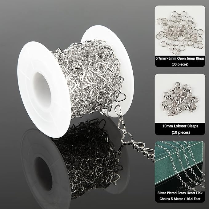 YOUBEIYEE 16.4 Feet Silver Plated Heart Chain Brass Handmade Embossed Link Chains Bulk on Spool with Open Jump Rings Lobster Clasps for Bracelet Necklace Jewelry Making