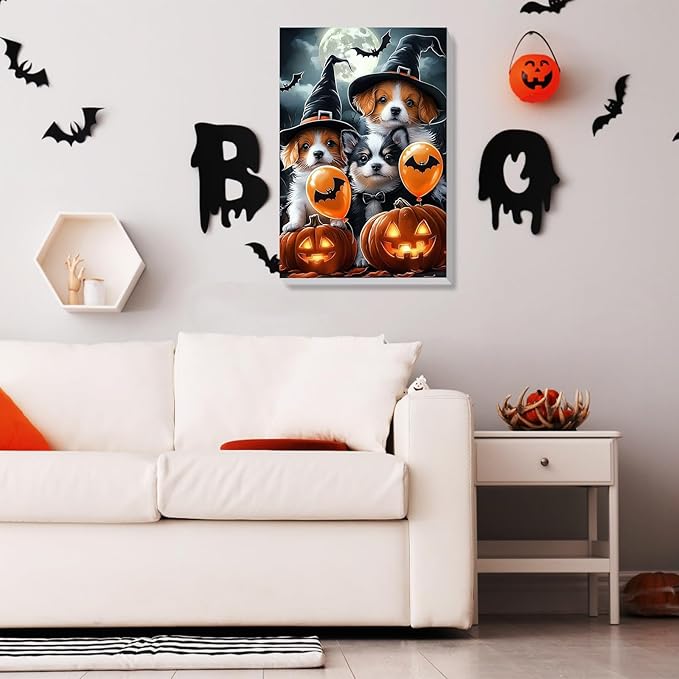 Bowetile Halloween Framed Paint by Numbers for Adults, Adults' Paint-by-Number Dog Kits on Canvas, Easy Acrylic Pumpkin Number Painting Crafts Kits Halloween Gifts for Home Decor, 8x12in