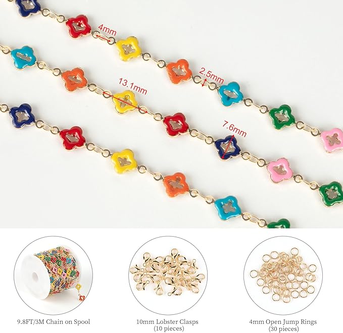 KYUNHOO 3M Four Leaf Clover Jewelry Making Chains Gold Plated Brass Chain Roll Multicolored Oil Drip Flower Necklace Chain Bulk Jewelry Findings
