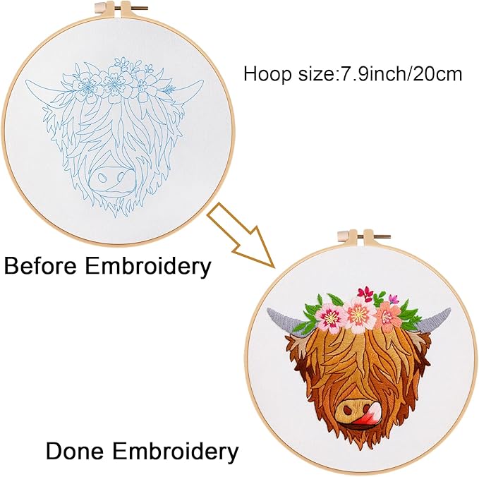 Louise Maelys Highland Cow Stamped Embroidery Kits for Beginners, Cross Stitch kit for Adults Include Instruction,Cloth,Hoop, Needles, Color Threads