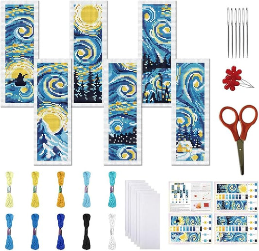 FREEBLOSS 6 Set 11CT Cross Stitch Bookmarks Kit Starry Sky Stamped Cross Stitch Kit DIY Embroidery Bookmark Set with Instruction for Adults Beginners Gift for Reading Enthusiasts 20x6cm/8x2.4inch