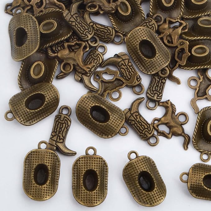 60pcs Antique Bronze Western Themed Cowboy Charms Tibetan Alloy Western Cowboy Hat Boot Horse Pendants Charms for DIY Bracelet Necklace Earrings Jewelry Making