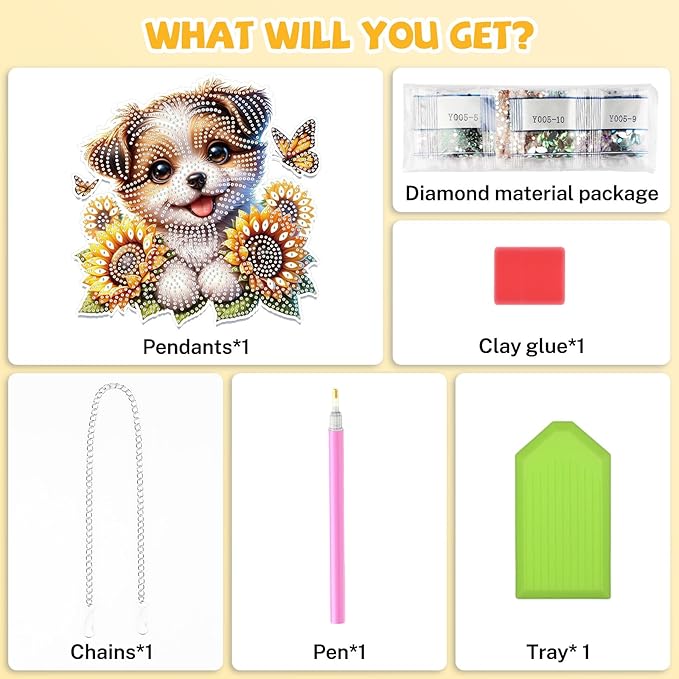Bowetile Dog Diamond Art Hanging Kits for Adults, 5D Special Shape Diamond Painting Sunflowers Pendant Kits, Animal Gem Art Suncatchers Painting Window Ornament for Home Garden Wall Decor