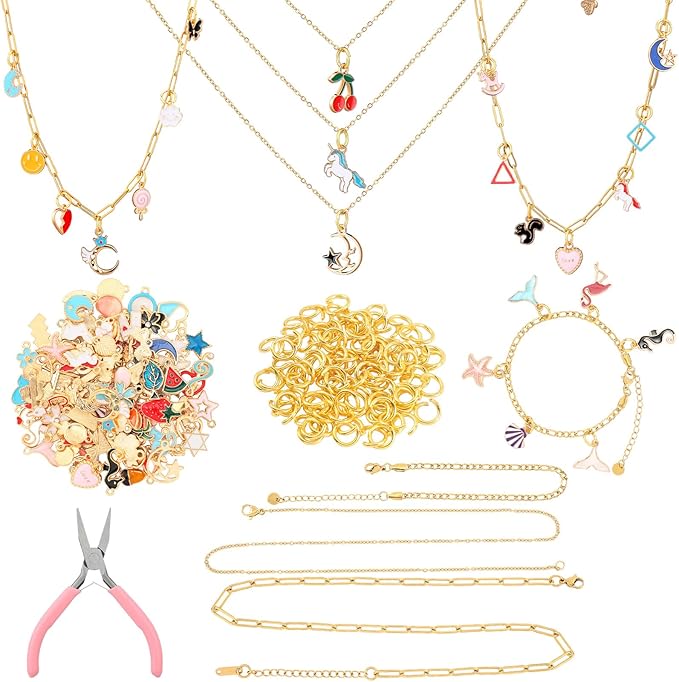 Tondiamo 207 Pcs Jewelry Making Kit DIY Bracelet, Necklace, Ring Set Bangle Charm Bracelet Making Kit with 100 Charms 100 Jump Rings and Tools for Women Beginner Arts and Craft Gift(Cute)