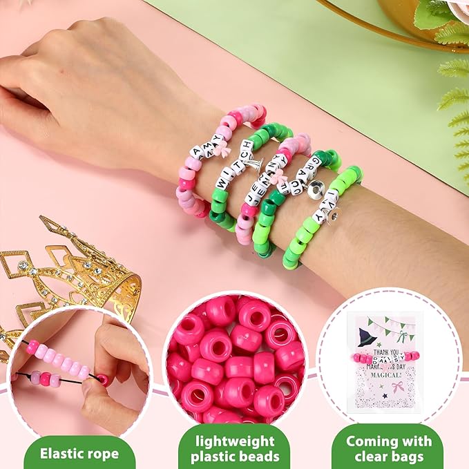 Ferreve 24 Sets Pink and Green Party Favors Witch Bead Bracelets Friendship Crafts Kit for Witch Princess Birthday Party Activities Jewelry Making Gifts