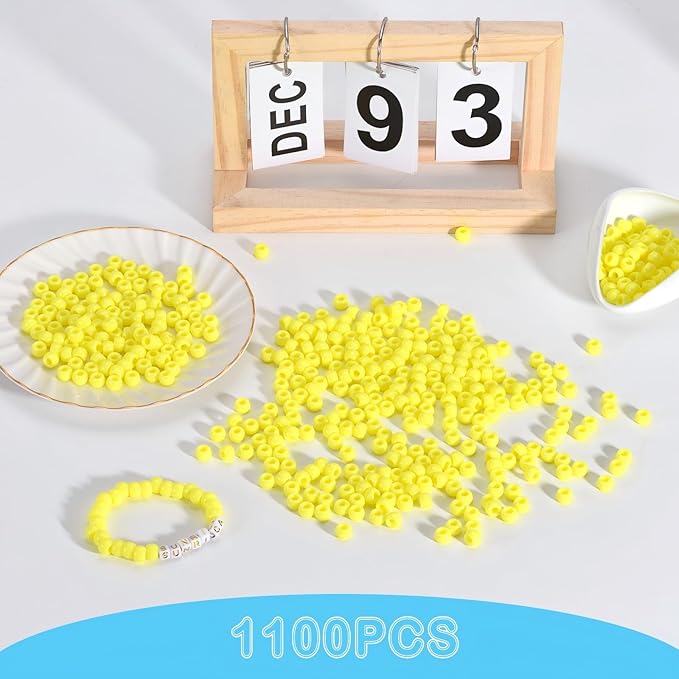 sunrica 1100pcs yellow pony beads 6x9mm large hole plastic hair beads for braids, kandi bracelets, keychains, jewelry making
