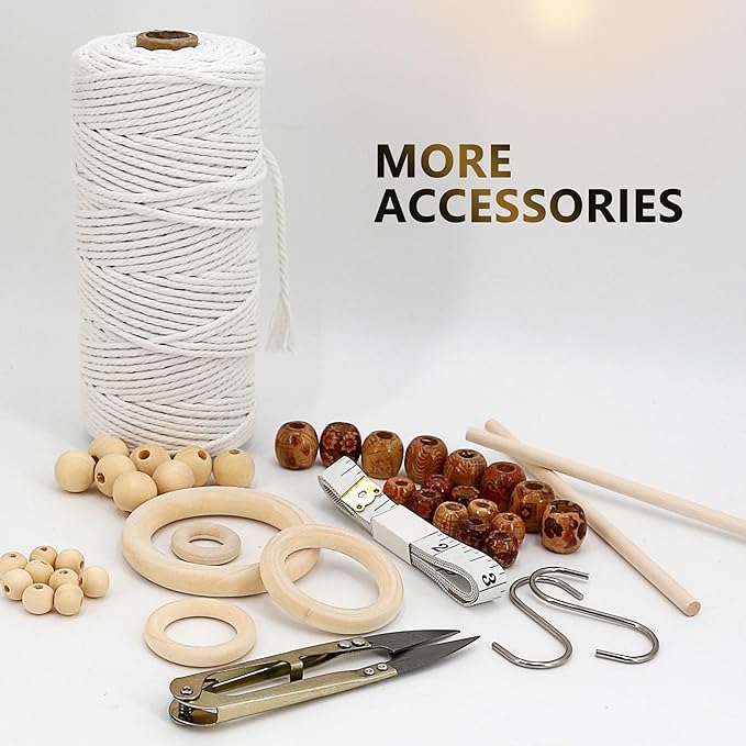 227pcs Macrame Kits 3mm 115yards Wall Hanging Natural Cotton Macrame Cord with Wooden Beads & Rings Wooden Sticks, Metal S-hooks Supplies for Hanging Plant Hand Tassel weaving