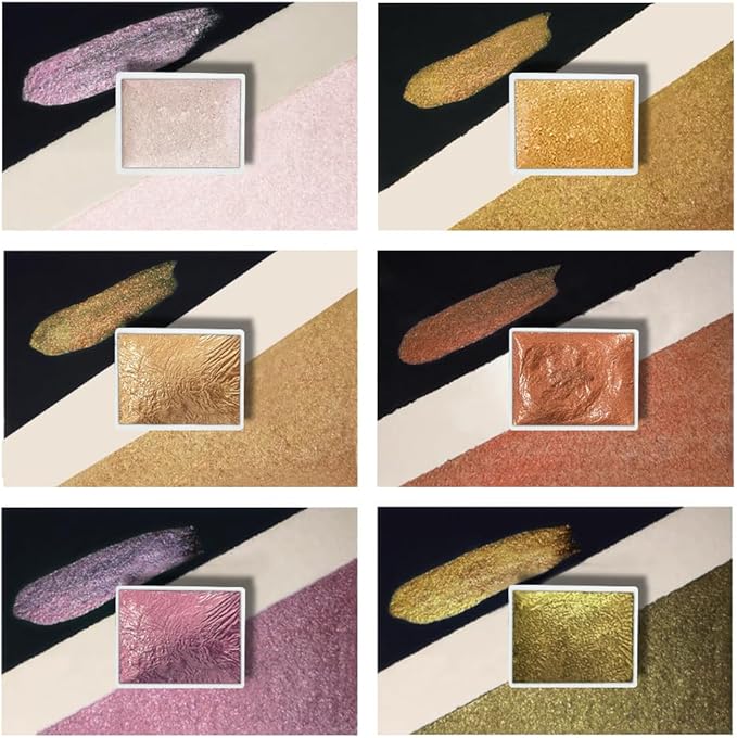 Art Supplies Handmade Watercolor Paint Set - 6 Metallic Gold Colors Half Pans Glitter Solid Water Color- Metal Case Sparkle Pearlescent Watercolour for Artists,Fairytale