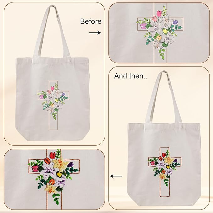 louise maelys cross lily embroidery kit canvas tote bag for beginners,cross stitch kits for adults,diy crafts needlepoint include easter jesus pattern,women shopping reusable grocery bags