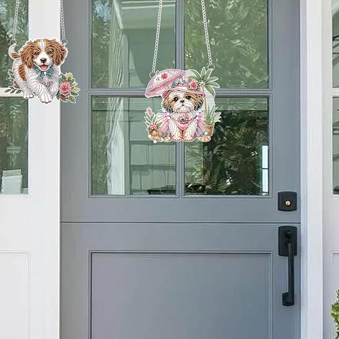 JISHSHAY 2 PCS Diamond Painting Pendant 5D DIY Dog Diamond Art Wind Chime Special Shaped Crystal Crystal Suncatcher Garden Wind Chimes Diamond Art Keyrings Pendant Necklace Diamond Art Kits Adults