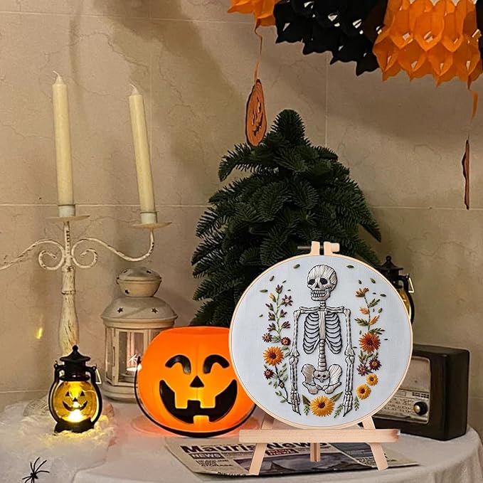 Floral Witch Hat Embroidery Kit Halloween Cross Stitch Material Set with Bat Skull Flower Pumpkin Patterns, DIY Hand Needlepoint Embroidery Craft Kit for Beginners Professional (Spooky Skeleton)