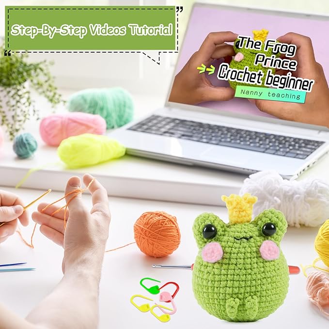 VOCHIC Crochet Kit for Beginners Frog Crocheting Knitting Kit DIY Crochet Starter Kit with Step-by-Step Video Tutorial Gift for Friends Adults