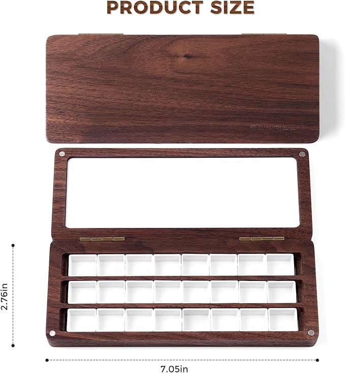 Fuumuui Watercolor Palette Box, Walnut Wood Palette Kit with Cover, 24 Empty Removable Half-pan Grids, Dual Tip Travel Brushes, for Watercolor Gouache Color Mixing, Pure White Palette