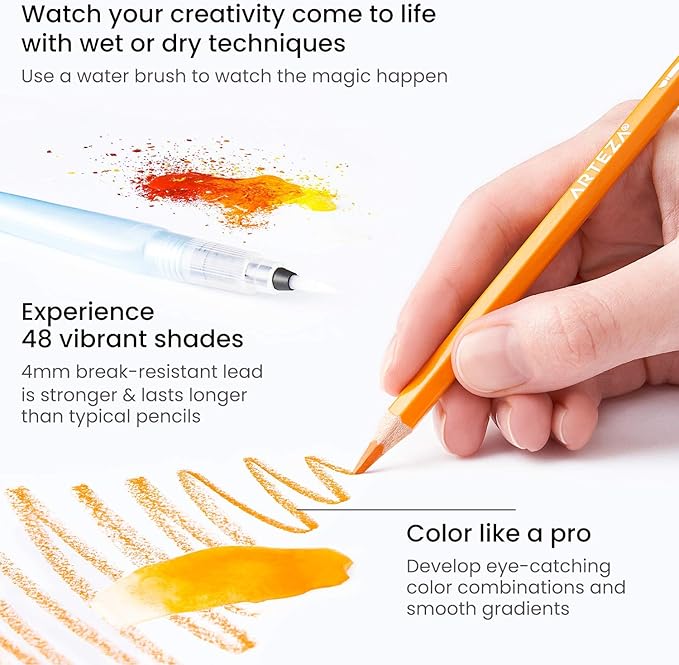 ARTEZA Watercolor Pencils Set of 48 Water-Soluble Colored Pencils for Blending, Layering, Painting, Lightfast Pigments with Soft Cores in Tin Case, Art Supplies for Adults, Artists, Holiday Gift Set