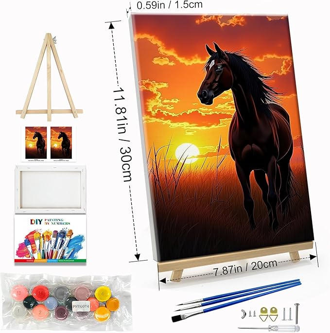 JOOZ Horse Paint by Numbers Kit for Adults with Frame Sunset Paint by Number with Easel Adult Paint by Number Kits Framed Canvas Oil Painting Kits for Home Wall Decor 8x12 Inch