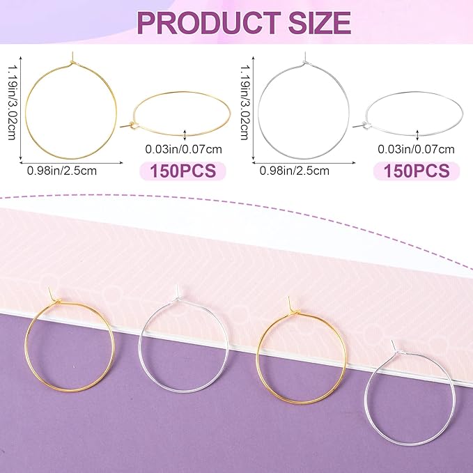 OIIKI 300PCS Earring Beading Hoops, 25mm Silver/Gold Plated Hoop Earring Findings, Open Hoops, Metal Wire Earring Rings, Round Earring Beading Accessories for DIY Jewelry Making, Wine Glass Decoration