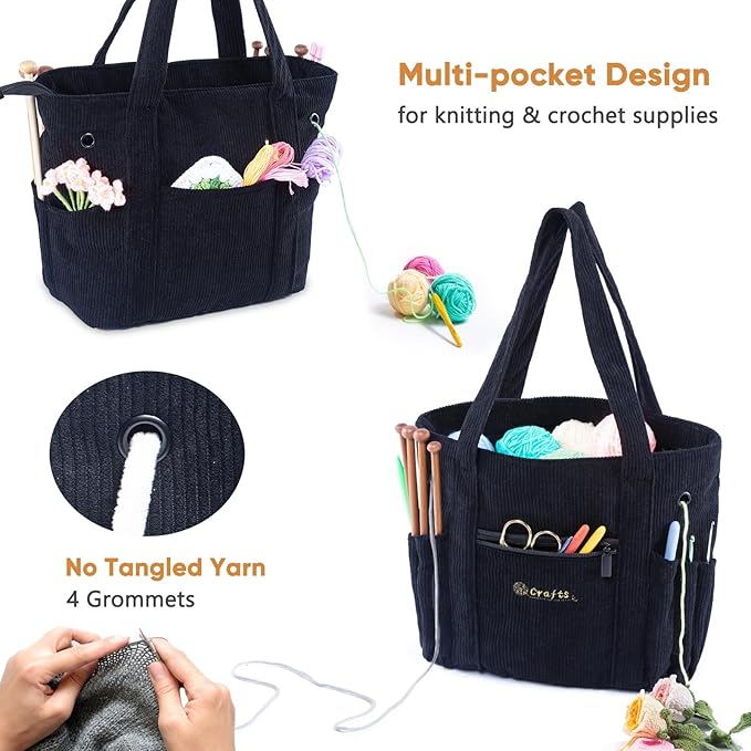 Crochet Bag and Tote - Corduroy Yarn Bag - Yarn Holder for Crocheting - Crochet Storage Bag for Crochet Hooks, Crochet Accessories, Knitting Bag for Crochet Lovers, Mom Gift