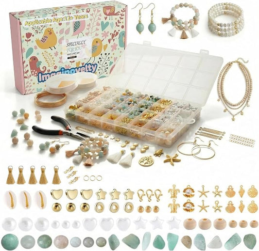 Imaginovelty 1920PCS Jewelry Making Kit with Natural Amazonite Stone Beads, Irregular Chips & Crystal Beads for Bracelets,Necklaces Earrings, Complete DIY Craft Set with Pliers & Gift Box