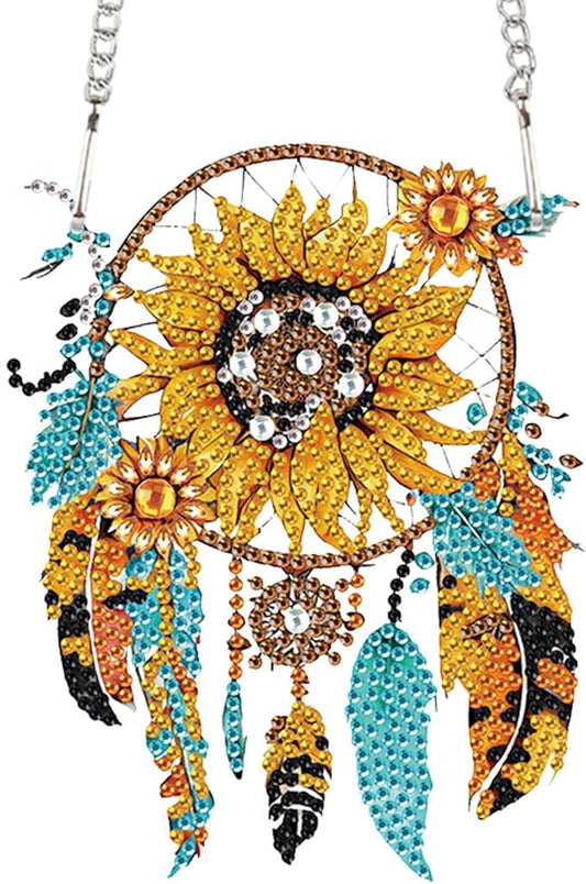 AiYuanzsh Sunflower Dream Catcher Diamond Painting Kit Ornament with Hanging Chain DIY Diamond Art Hanging Pendant Paint by Number Stained Glass Wall Art for Adults Home Wall Decor Gift