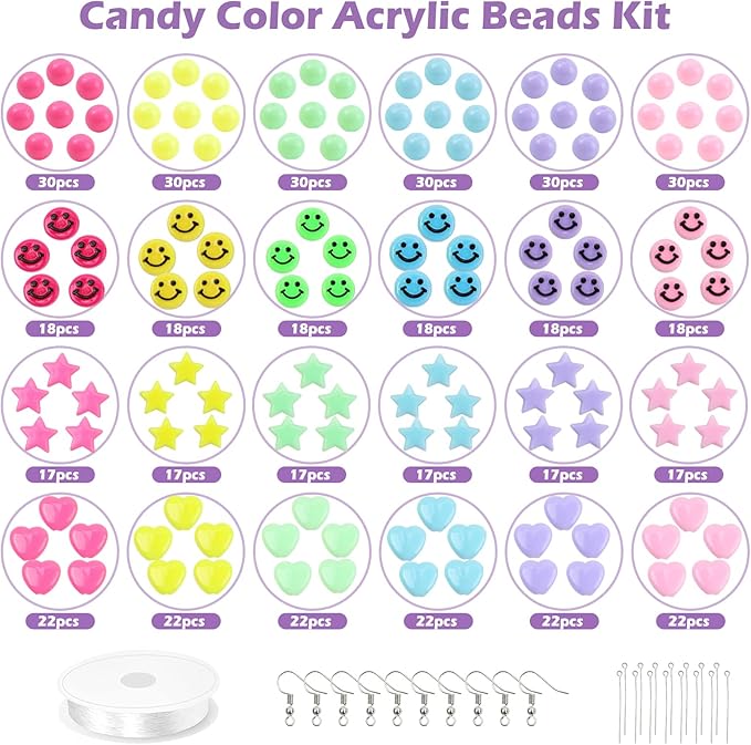 Miss Rabbit Candy Color Acrylic Heart Beads Star Beads Plastic Bead Kit Cute Pastel Bead for Bracelets Jewelry Making DIY Crafts Necklace Phone Charm