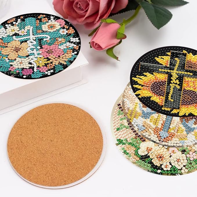 igoodom 8 Pcs Cross Diamond Art Coasters Kit with Holder, DIY Cross Diamond Painting Coasters for Beginners Adults, Non Slip Diamond Art Kits Craft Supplies 4x4inch