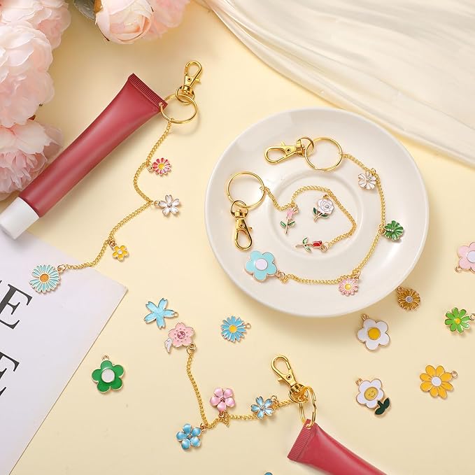 VioraWhite 213 Pcs Lip Gloss Keychain Making Kit 100 Pink Enamel Charms 32.81 ft Gold Chains for DIY Crafts Women(Floral)