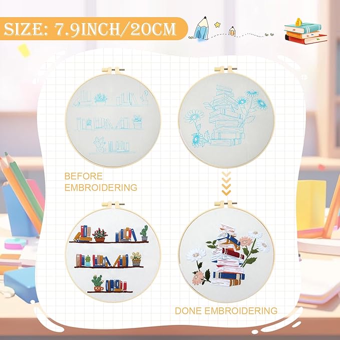 CMINAUS 5 Sets Embroidery Kit for Beginners Adults Book Lover, Embroidery Starter Kit Book Pattern Hand Crewel Needlepoint Cross Stitch Kits Includes 2 Hoops Colored Threads Needles