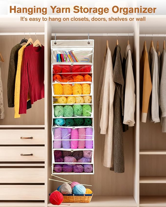 Hanging Yarn Storage Organizer, Large Capacity Over the Door Yarn Organizer with 6 Clear Zipper Pockets 10 Mesh Side Bags, Hanging Yarn Holder Knitting Storage Bag for Crochet Hooks, Beige