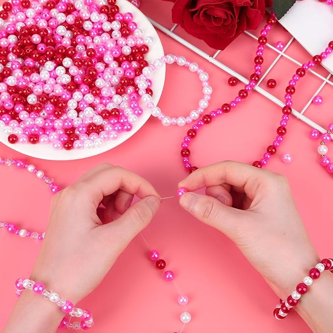 UPINS 1200Pcs Valentine's Day Pearl Beads,4 mm Red Pink White Pearl Beads for Jewelry Making Wedding Party Decoration Necklace Bracelets Earrings DIY Crafts Supplies