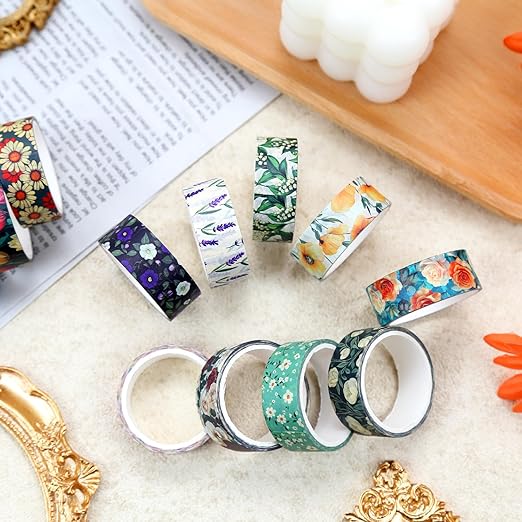 12 Rolls Flower Washi Tape Set, Colorful Floral Decorative Tape Vintage Botanical Masking Tape for Journaling Supplies, Junk Journal, Scrapbooking, DIY Arts & Crafts, Gift Wrapping