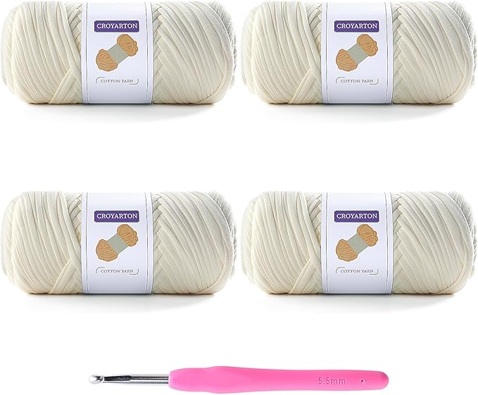 4 Pack Tshirt Yarn for Crocheting, Elastic T Shirt Spaghetti Thick Knitting Yarn Total Length 260 Yds for Crochet Bag Baskets Home Decor with 1 Crochet Hook (4-Cream)