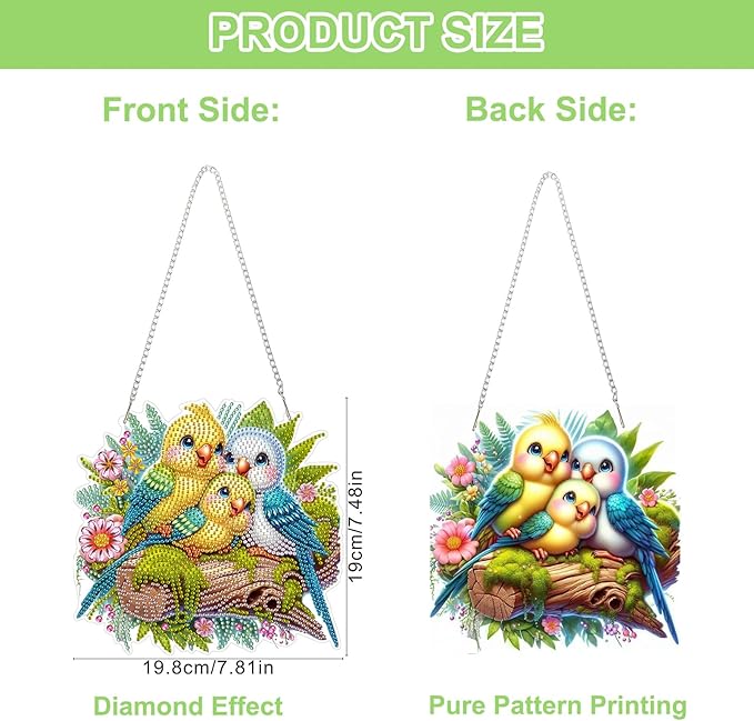 QENSPE Diamond Painting Art Hanging Kits for Adults, 5D Three Birds Diamond Paingting Ornaments with Chain, DIY Flowers Crystal Window Pendants for Home Wall Decor Double Sided Gift 8X8 inch