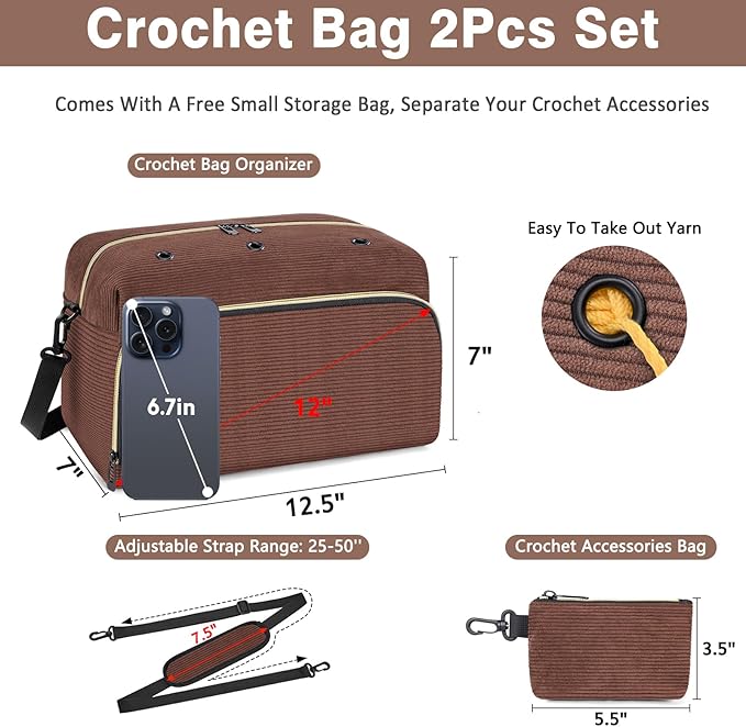 IBFUN Crochet Yarn Knitting Bag 2 Pcs Yarn Storage Organizer Crocheting Bags for Beginners with Shoulder Strap for Knit Accessories Needles Hooks