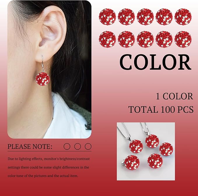 10mm Grade A White with Red Sparkle Rhinestone Beads for Baseball Necklace-Round Disco Ball Bead Rhinestone Clay Beads for Earring Jewelry Making,Necklace Bracelet,DIY Craft Supplies(100 pcs)