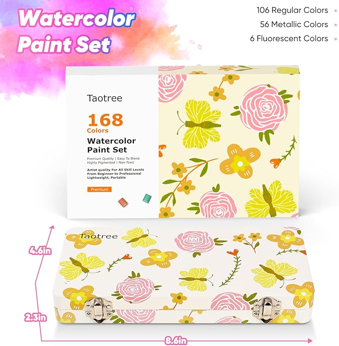 Taotree Watercolor Paint Set 168 Colors, Art Supplies Watercolors Kit Travel Water Colors with 3 Paints Brushes, Crafts Painting Supplies, Drawing for Adults Artist Drawing, Painting