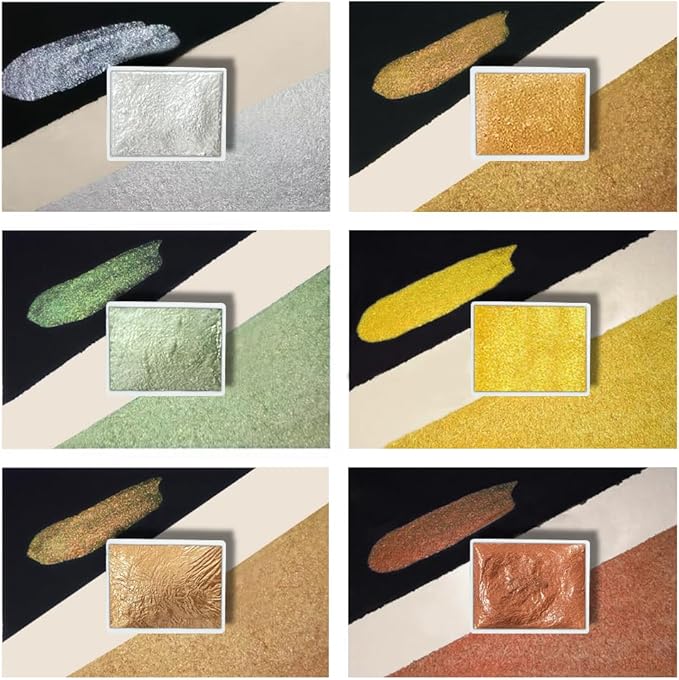 Art Supplies Handmade Watercolor Paint Set - 6 Metallic Gold Colors Half Pans Glitter Solid Water Color- Metal Case Sparkle Pearlescent Watercolour for Artists,White