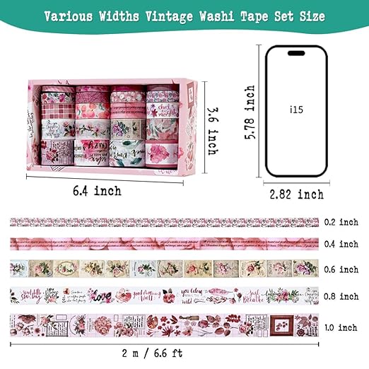 Washi Tape Set, 20 Rolls, Floral Washi Tape for Journaling, Decorative Tape for Scrapbooking, Junk Journal Supplies, Bullet Journaling, 5 Assorted Widths