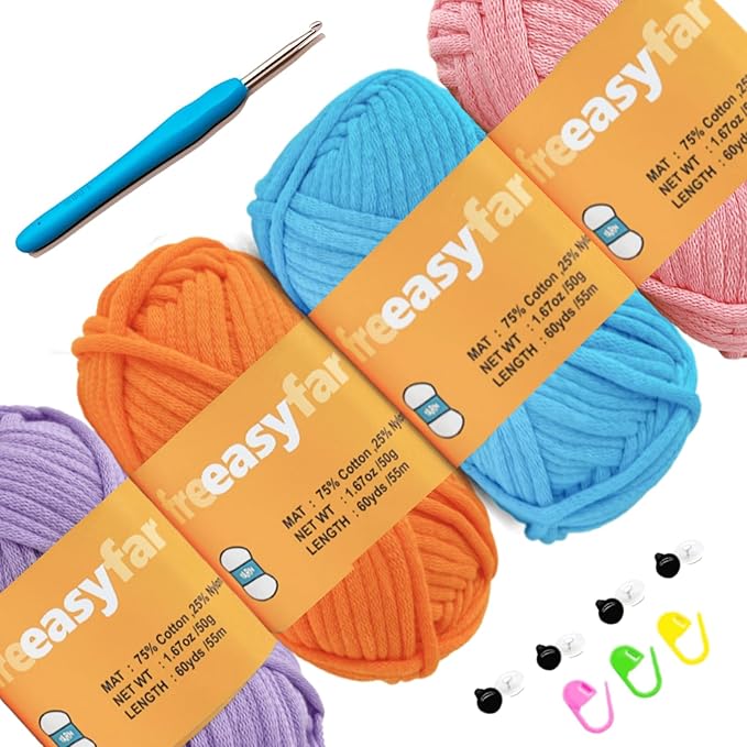 4x50g Beginner Easy Yarn for Crocheting and Knitting; Worsted-Weight Medium #4;Crocheting and Knitting kit with Tool Set (Blue+Pink+Purple+Orange, 4 Skein)