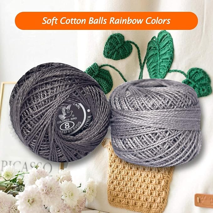 Colored BIRDCrochet Thread, Size 8 Crochet Yarn，2 Ply Cotton Yarn, 10 Balls (Grey Series)