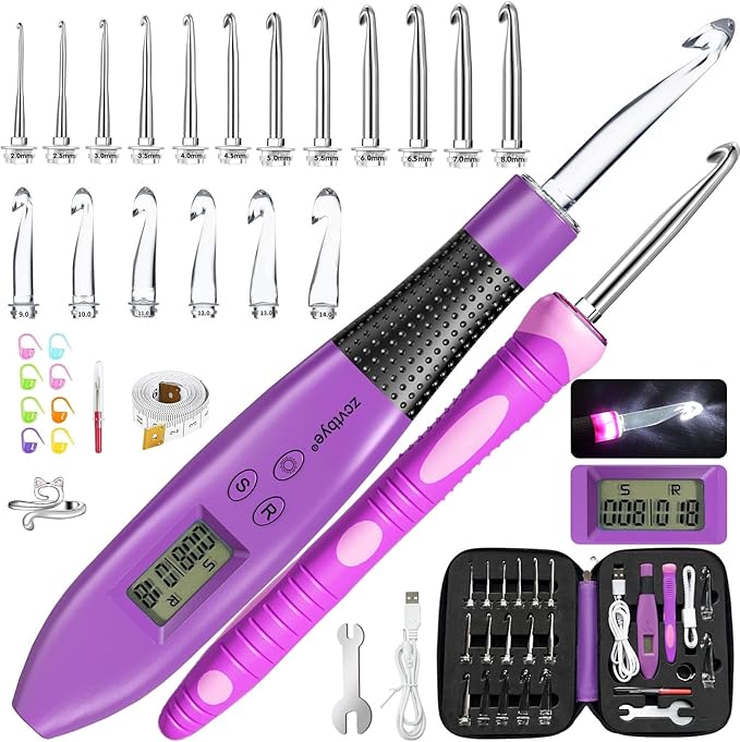 Light Up Crochet Hook Set with Digital Counter, 18 Size Interchangeable Ergonomic Crochet Hooks (2.0–14.0mm), USB Rechargeable Lighted Crochet Hook Kit with Case for Arthritic Hands & Beginners