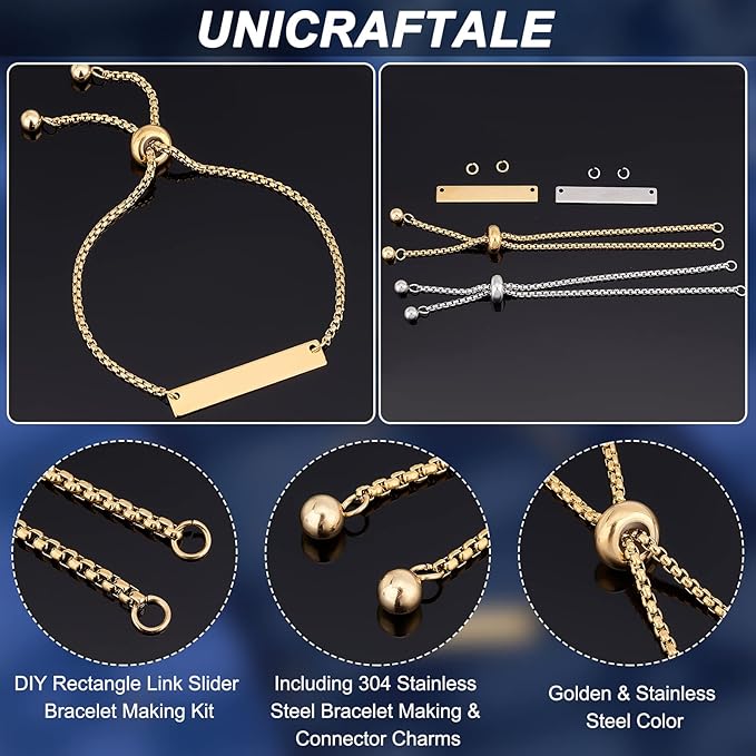 UNICRAFTALE 2 Colors 8Set Engravable Bracelets DIY Kit Including Rectangle Engravable Blank Tags Links Connectors 24cm 304 Stainless Steel Slider Bracelet 4mm Open Jump Rings for Bracelets Making