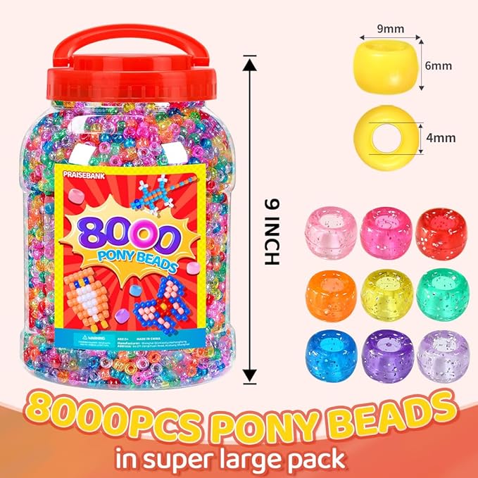 praisebank pony beads, 8000pcs 6x9mm, wholesale beads, bracelets jewelry making, arts & crafts(glitter)