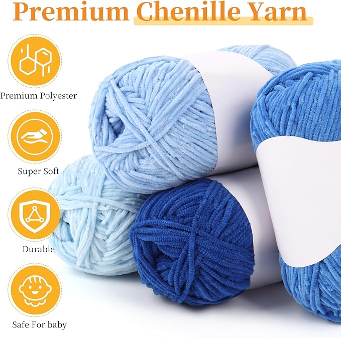 Coopay Skinny Chenille Yarn for Crocheting and Knitting, 12 Pack of 50g/1.76oz - 1764yd Total, Soft Velvet Yarn of Baby Weights - Suitable for Baby Blankets, Plush Toys - Super Soft (Blue Gradient)