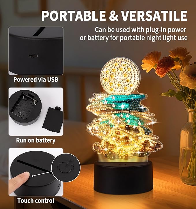 Diamond Painting Night Light, Diamond Painting Kits For Adults Desktop Ornaments For Table Tabletop Decor Diamond Art Accessories For Adult Beginner Touch Lamp for Bedrooms Living Room-Moonlight Beach