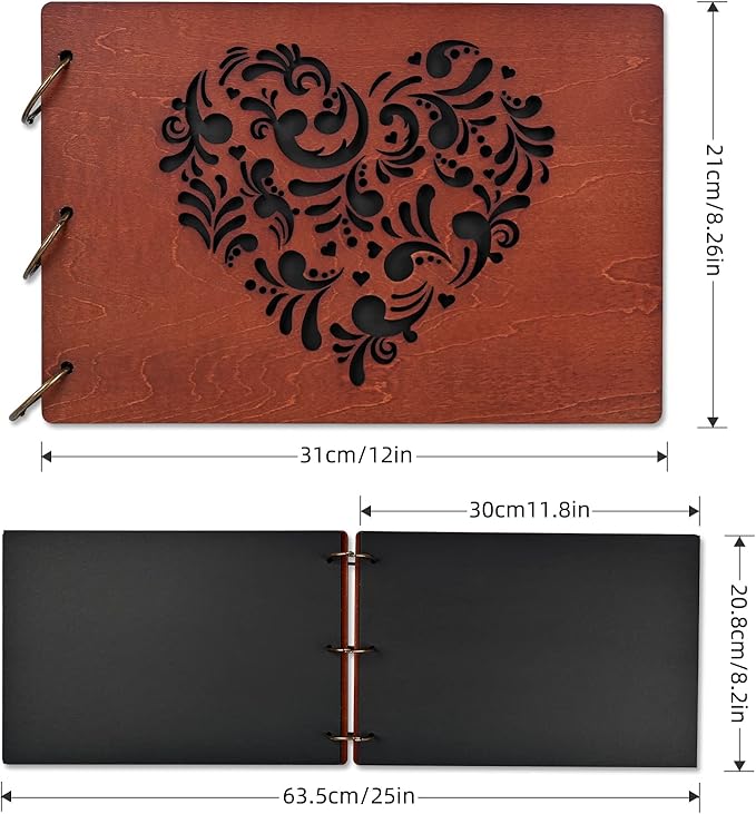 Giiffu Wooden Scrapbook Photo Album with Heart Design, DIY Memory Book, 100 Pages Personalized Scrapbooking Album, Romantic Gift for Wedding, Anniversary & Valentine’s Day